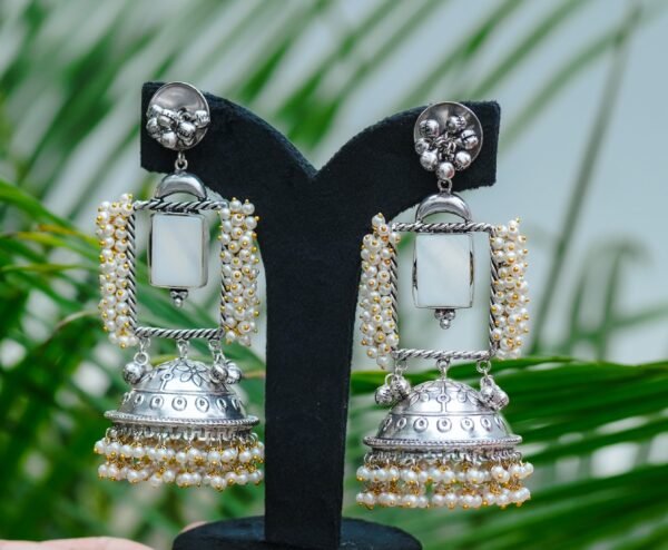 Premium Oxidised Silver Long Square Shape Pearl hanging with big Jhumka - Image 3