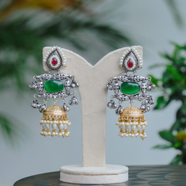 Premium Oxidised Silver Green Stone with Big Gold Tone Jummukkas - Image 2