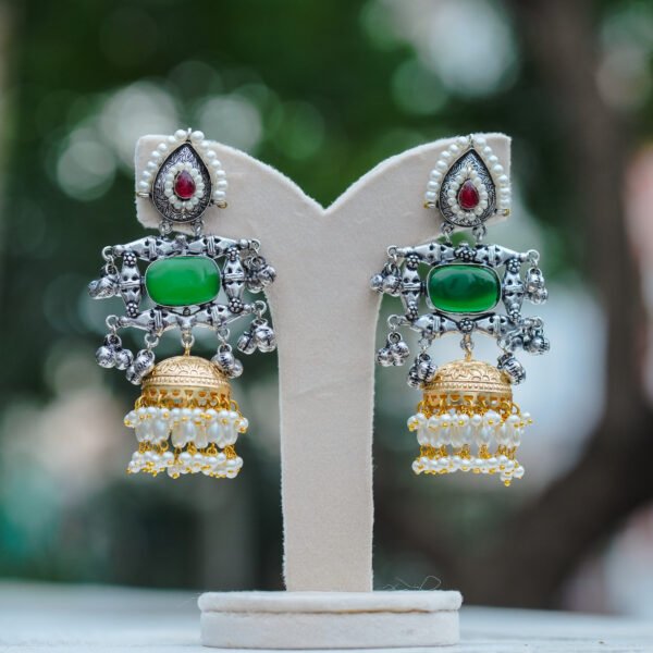 Premium Oxidised Silver Green Stone with Big Gold Tone Jummukkas