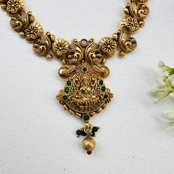 Matt Gold Finish Lakshmi Pendent Necklace with Jumukkas - Image 3