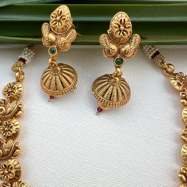 Matt Gold Finish Lakshmi Pendent Necklace with Jumukkas - Image 4